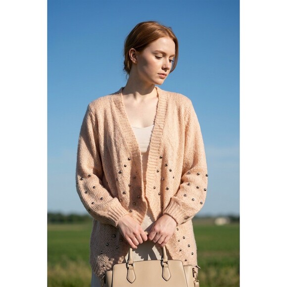 POL Sweaters - POL Cardigan Sweater Womens M tan Open Knit Studded Drape Front